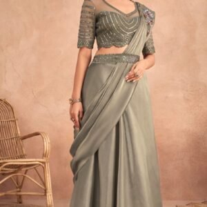 Fancy Partywear Embroidery Work Ready To Wear Saree With Unstitched Blouse