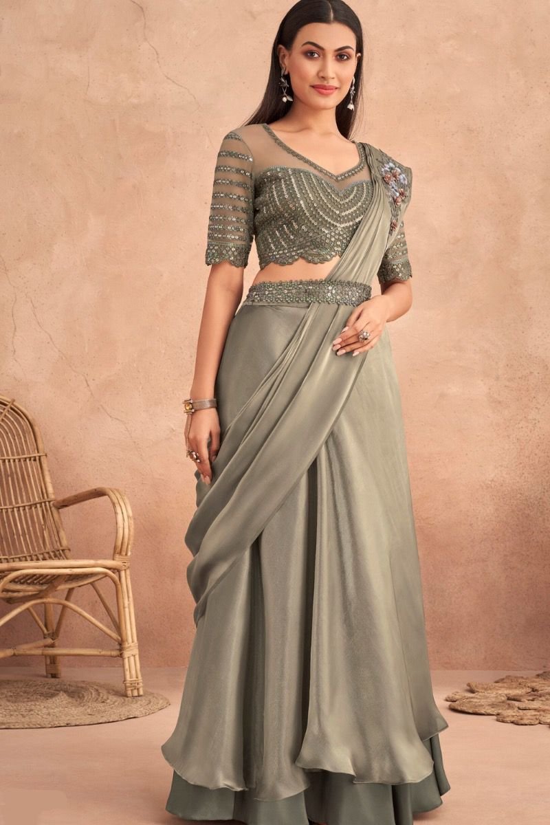 Fancy Partywear Embroidery Work Ready To Wear Saree With Unstitched Blouse