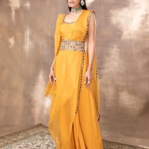 NOMADIC MUSTARD PRE-DRAPED SAREE