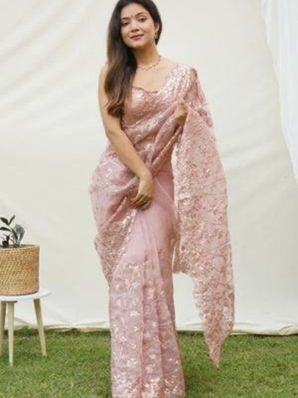 Blush Pink Embroidered Net Party Saree
