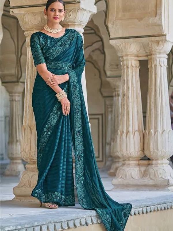 Emerald Green Sequin Georgette Saree