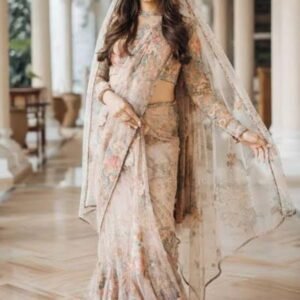 Beige Floral Organza Saree