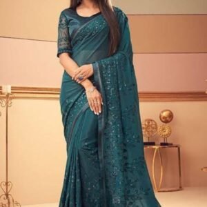 Teal Blue Sequined Georgette Saree