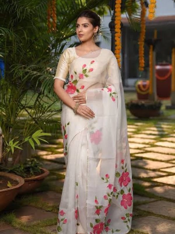 Ivory Floral Embroidered Saree