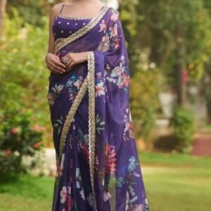 Navy Blue Floral Georgette Saree with Golden Border